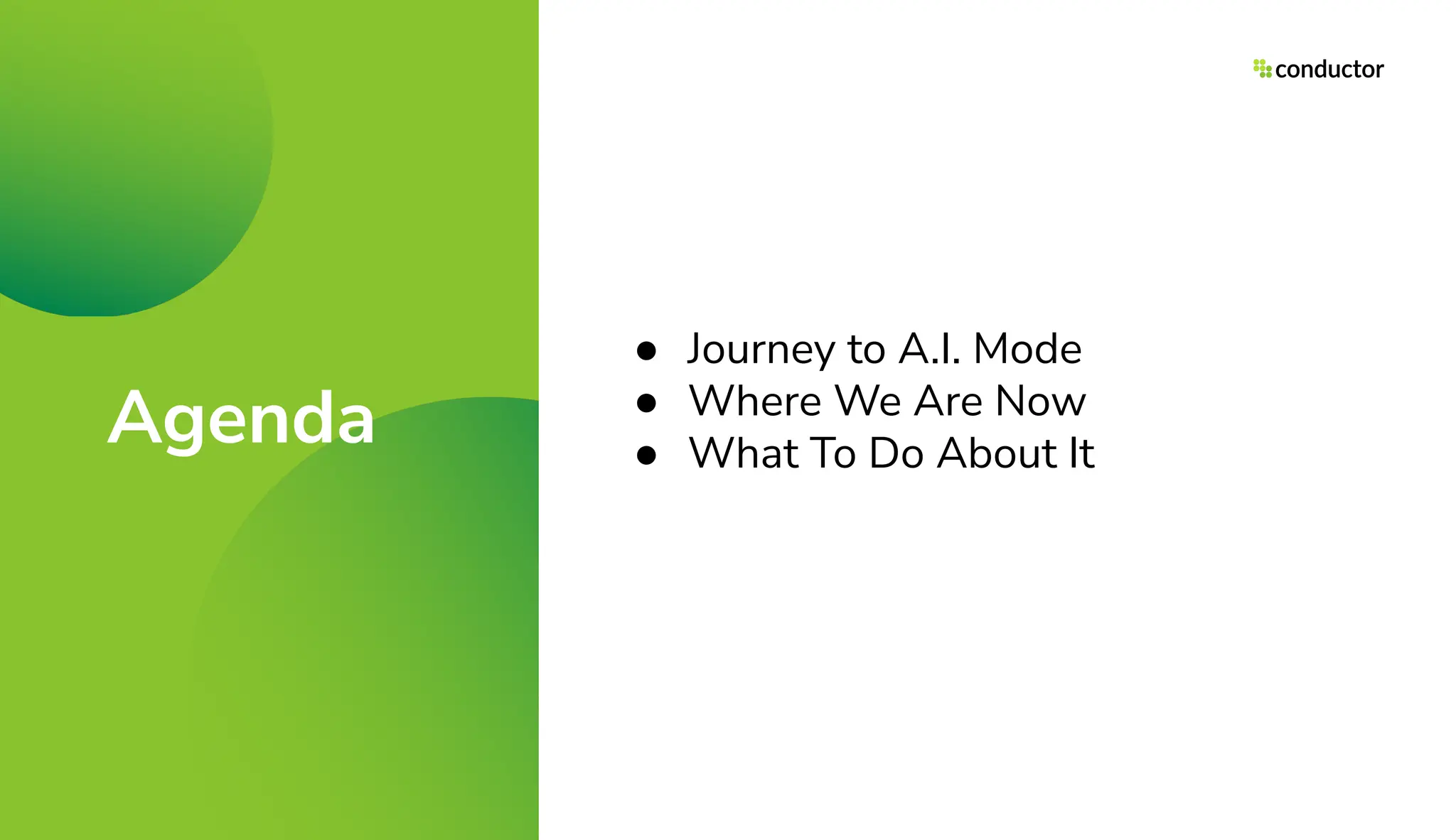 Agenda
● Journey to A.I. Mode
● Where We Are Now
● What To Do About It
 