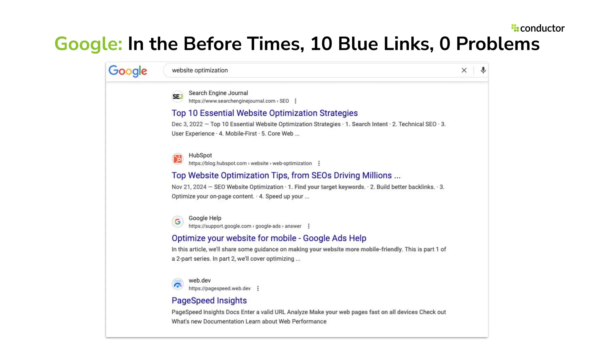 Google: In the Before Times, 10 Blue Links, 0 Problems
 