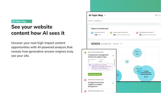 See your website
content how AI sees it
Uncover your next high-impact content
opportunities with AI-powered analysis that
reveals how generative answer engines truly
see your site.
AI Topic Map
 