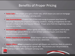 Benefits of Proper Pricing
●
    Faster Sale: The proper price gets a faster sale, which means you save on mortgage
    payments, insurance and other carrying costs.
●
    Less Inconvenience: It takes a lot of time and energy to prepare your home for
    showings. Keeping the property in showing condition, making arrangements for kids
    and pets and generally altering your lifestyle. Proper price from the beginning reduces
    the time on market.
●
    Increased agent response: When agents are excited about a property and its price
    they will make special efforts to contact all their potential buyers and show the
    property as soon as possible.
●
    Better response to advertising: Buyer inquiry calls are more readily converted into
    showing appointments when the price is not a deterrent.

●
    Higher Offers: When a property is priced right Buyers are much less likely to submit a
    low offer for fear of losing out on a great deal. You increase your net proceeds by
    accepting a higher offer and lower carrying costs.
 