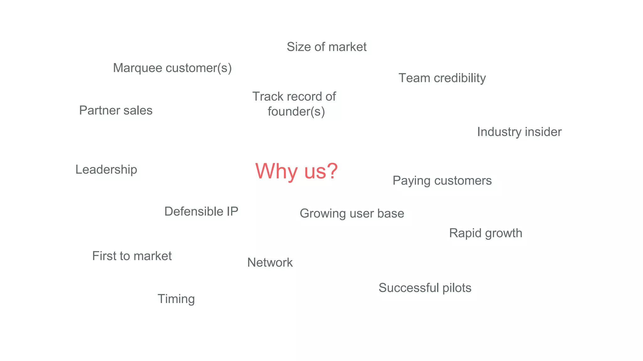 Why us?
Team credibility
Growing user base
Paying customers
Defensible IP
Partner sales
Leadership
Track record of
founder(s)
Industry insider
Network
Marquee customer(s)
Rapid growth
First to market
Successful pilots
Timing
Size of market
 