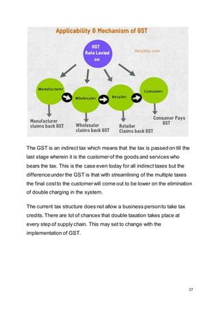 17
The GST is an indirect tax which means that the tax is passed on till the
last stage wherein it is the customerof the goods and services who
bears the tax. This is the case even today for all indirect taxes but the
differenceunder the GST is that with streamlining of the multiple taxes
the final costto the customerwill come out to be lower on the elimination
of double charging in the system.
The current tax structure does not allow a business personto take tax
credits.There are lot of chances that double taxation takes place at
every step of supply chain. This may set to change with the
implementation of GST.
 