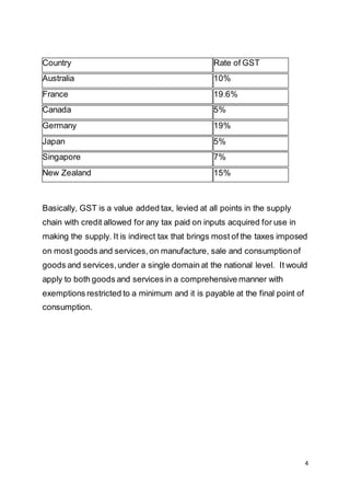 4
Country Rate of GST
Australia 10%
France 19.6%
Canada 5%
Germany 19%
Japan 5%
Singapore 7%
New Zealand 15%
Basically, GST is a value added tax, levied at all points in the supply
chain with credit allowed for any tax paid on inputs acquired for use in
making the supply. It is indirect tax that brings most of the taxes imposed
on most goods and services,on manufacture, sale and consumptionof
goods and services,under a single domain at the national level. It would
apply to both goods and services in a comprehensive manner with
exemptions restricted to a minimum and it is payable at the final point of
consumption.
 