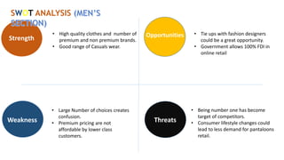 • High quality clothes and number of
premium and non premium brands.
• Good range of Casuals wear.
• Large Number of choices creates
confusion.
• Premium pricing are not
affordable by lower class
customers.
• Tie ups with fashion designers
could be a great opportunity.
• Government allows 100% FDI in
online retail
Strength
Weakness
Opportunities
Threats
• Being number one has become
target of competitors.
• Consumer lifestyle changes could
lead to less demand for pantaloons
retail.
SWOT ANALYSIS
 