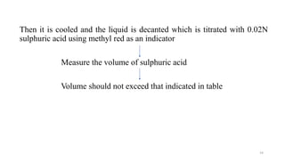 Then it is cooled and the liquid is decanted which is titrated with 0.02N
sulphuric acid using methyl red as an indicator
Measure the volume of sulphuric acid
Volume should not exceed that indicated in table
14
 