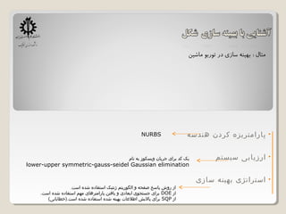 •‫هندسه‬ ‫کردن‬ ‫پارامتریزه‬
•‫سیستم‬ ‫ارزیابی‬
•‫سازی‬ ‫بهینه‬ ‫استراتژی‬
NURBS
‫نام‬ ‫به‬ ‫ویسکوز‬ ‫جریان‬ ‫برای‬ ‫کد‬ ‫یک‬
lower-upper symmetric-gauss-seidel Gaussian elimination
.‫است‬ ‫شده‬ ‫استفاده‬ ‫ژنتیک‬ ‫الگوریتم‬ ‫و‬ ‫صفحه‬ ‫پاسخ‬ ‫روش‬ ‫از‬
‫از‬DOE.‫است‬ ‫شده‬ ‫استفاده‬ ‫مهم‬ ‫پارامترهای‬ ‫یافتن‬ ‫و‬ ‫ابعادی‬ ‫جستجوی‬ ‫برای‬
‫از‬SQP(‫است.)خطایابی‬ ‫شده‬ ‫استفاده‬ ‫شده‬ ‫بهینه‬ ‫اطلاعات‬ ‫پالیش‬ ‫برای‬
 