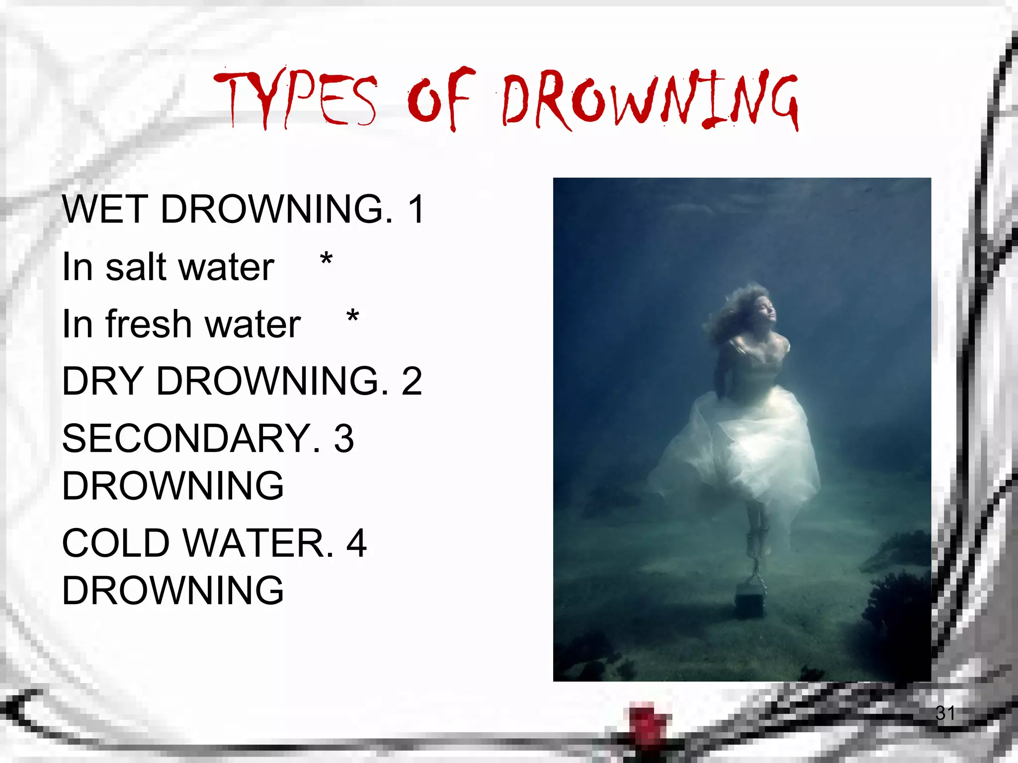 TYPES OF DROWNING 
WET DROWNING. 1 
In salt water * 
In fresh water * 
DRY DROWNING. 2 
SECONDARY . 3 
DROWNING 
COLD WATER . 4 
DROWNING 
31 
 