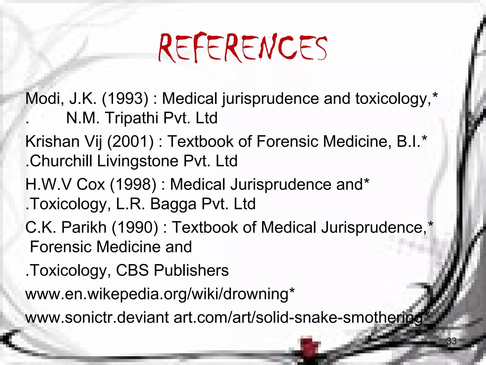REFERENCES 
Modi, J.K. (1993) : Medical jurisprudence and toxicology, * 
. N.M. Tripathi Pvt. Ltd 
Krishan Vij (2001) : Textbook of Forensic Medicine, B.I. * 
.Churchill Livingstone Pvt. Ltd 
H.W.V Cox (1998) : Medical Jurisprudence and * 
.Toxicology, L.R. Bagga Pvt. Ltd 
C.K. Parikh (1990) : Textbook of Medical Jurisprudence, * 
Forensic Medicine and 
.Toxicology, CBS Publishers 
www.en.wikepedia.org/wiki/drowning* 
www.sonictr.deviant art.com/art/solid-snake-smothering* 
33 
 