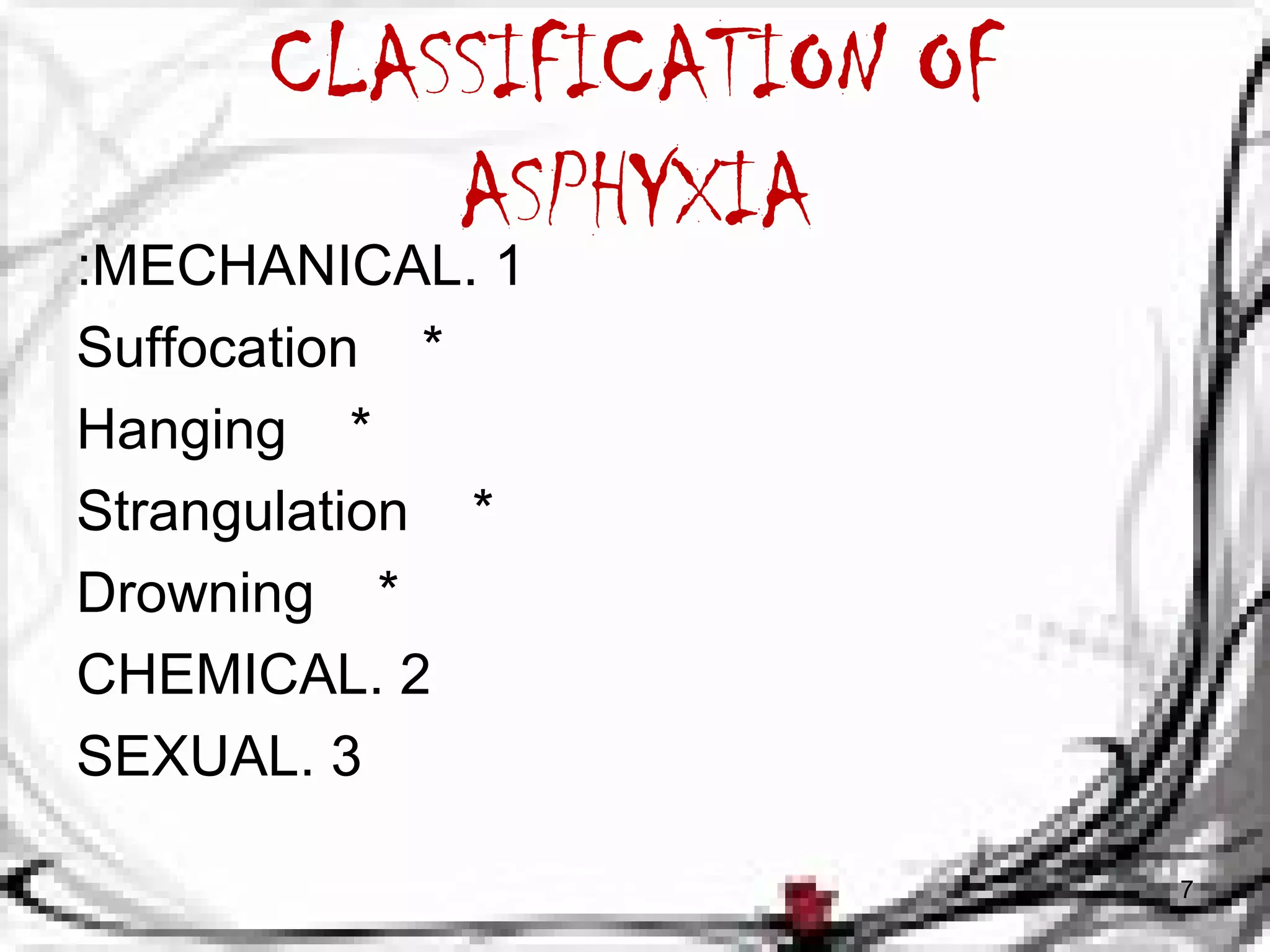CLASSIFICATION OF 
ASPHYXIA 
:MECHANICAL. 1 
Suffocation * 
Hanging * 
Strangulation * 
Drowning * 
CHEMICAL. 2 
SEXUAL. 3 
7 
 