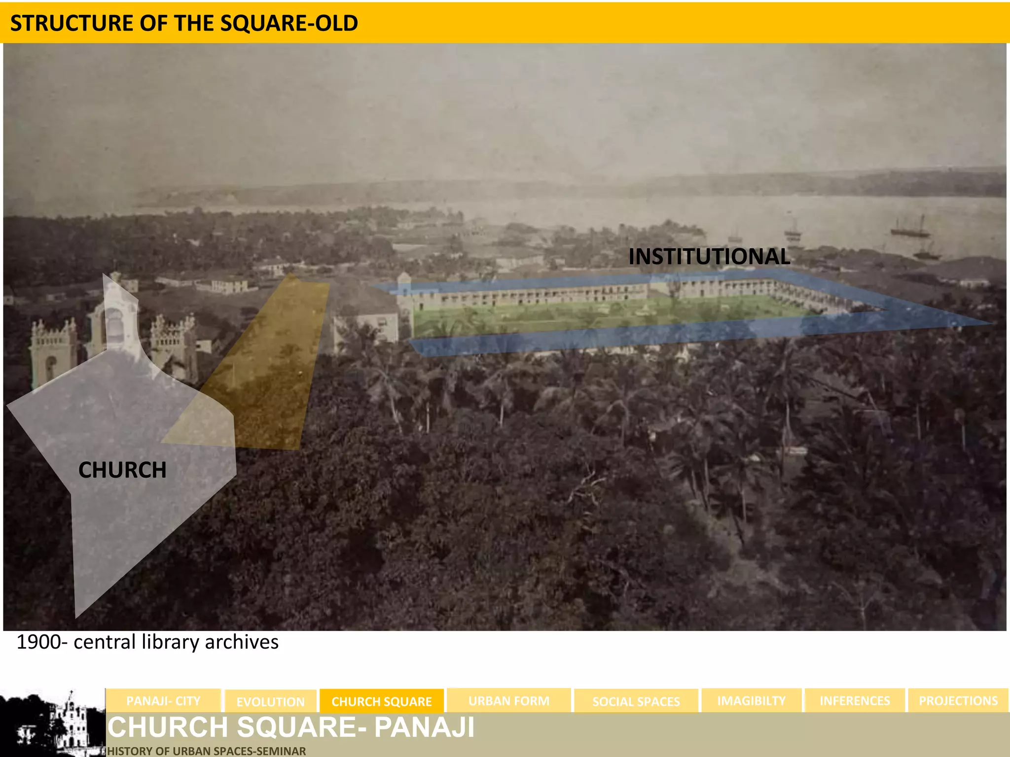 STRUCTURE OF THE SQUARE-OLD




                                                                              INSTITUTIONAL




       CHURCH




1900- central library archives

            PANAJI- CITY      EVOLUTION     CHURCH SQUARE   URBAN FORM   SOCIAL SPACES   IMAGIBILTY   INFERENCES   PROJECTIONS

          CHURCH SQUARE- PANAJI
          HISTORY OF URBAN SPACES-SEMINAR
 