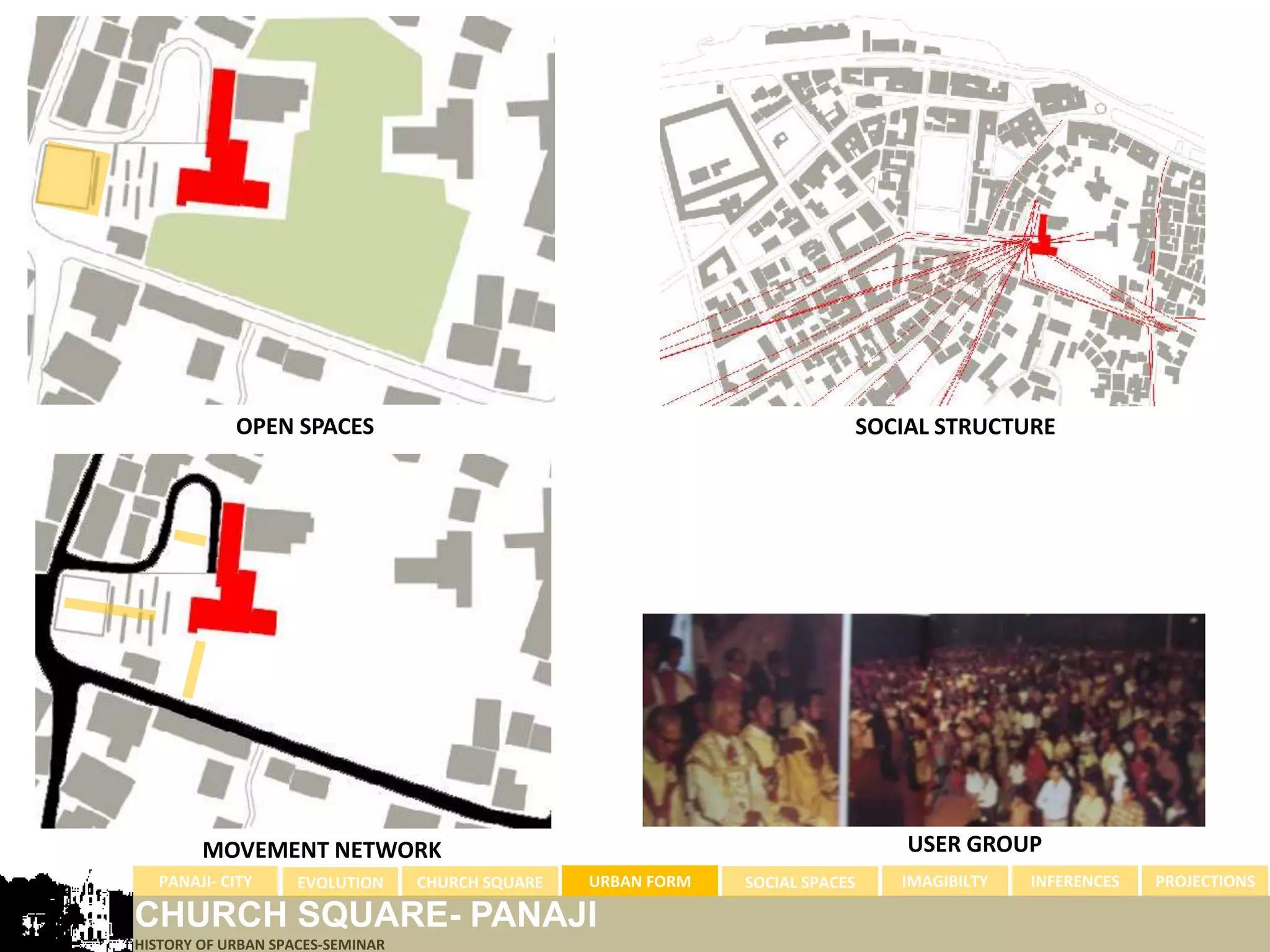 OPEN SPACES                                                        SOCIAL STRUCTURE




        MOVEMENT NETWORK                                                           USER GROUP
  PANAJI- CITY      EVOLUTION     CHURCH SQUARE   URBAN FORM   SOCIAL SPACES      IMAGIBILTY   INFERENCES   PROJECTIONS

CHURCH SQUARE- PANAJI
HISTORY OF URBAN SPACES-SEMINAR
 