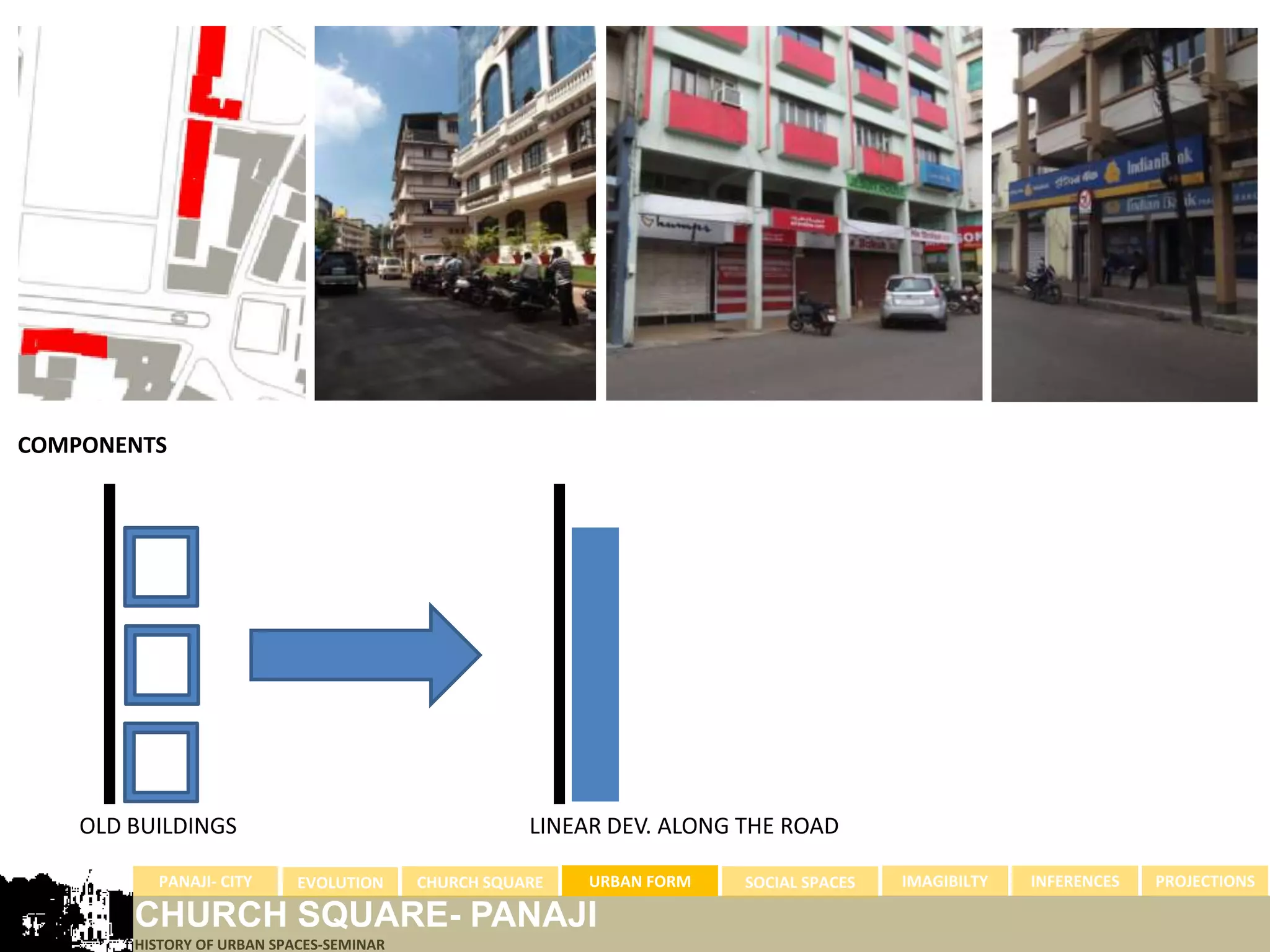 COMPONENTS




    OLD BUILDINGS                                    LINEAR DEV. ALONG THE ROAD

          PANAJI- CITY      EVOLUTION     CHURCH SQUARE   URBAN FORM   SOCIAL SPACES   IMAGIBILTY   INFERENCES   PROJECTIONS

        CHURCH SQUARE- PANAJI
        HISTORY OF URBAN SPACES-SEMINAR
 