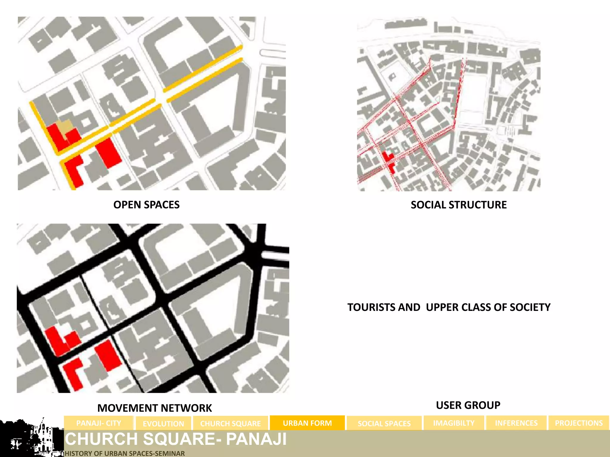 OPEN SPACES                                                         SOCIAL STRUCTURE




                                                               TOURISTS AND UPPER CLASS OF SOCIETY




        MOVEMENT NETWORK                                                            USER GROUP
  PANAJI- CITY      EVOLUTION     CHURCH SQUARE   URBAN FORM    SOCIAL SPACES      IMAGIBILTY   INFERENCES   PROJECTIONS

CHURCH SQUARE- PANAJI
HISTORY OF URBAN SPACES-SEMINAR
 