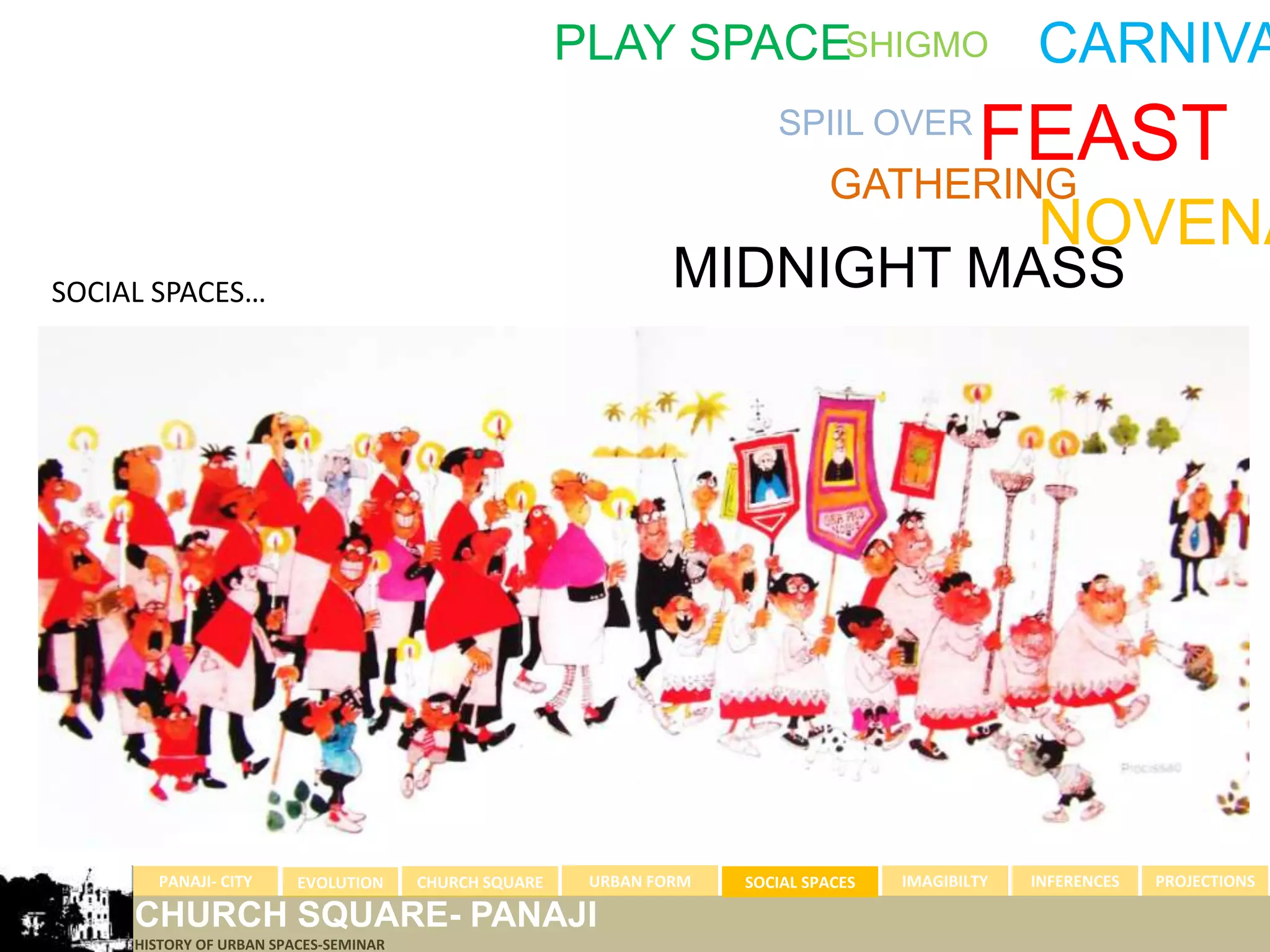 PLAY SPACESHIGMO CARNIVA
                                                                        SPIIL OVER
                                                                                   FEAST
                                                                              GATHERING
                                                                                                  NOVENA
SOCIAL SPACES…                                                  MIDNIGHT MASS




       PANAJI- CITY      EVOLUTION     CHURCH SQUARE    URBAN FORM   SOCIAL SPACES   IMAGIBILTY   INFERENCES   PROJECTIONS

     CHURCH SQUARE- PANAJI
     HISTORY OF URBAN SPACES-SEMINAR
 