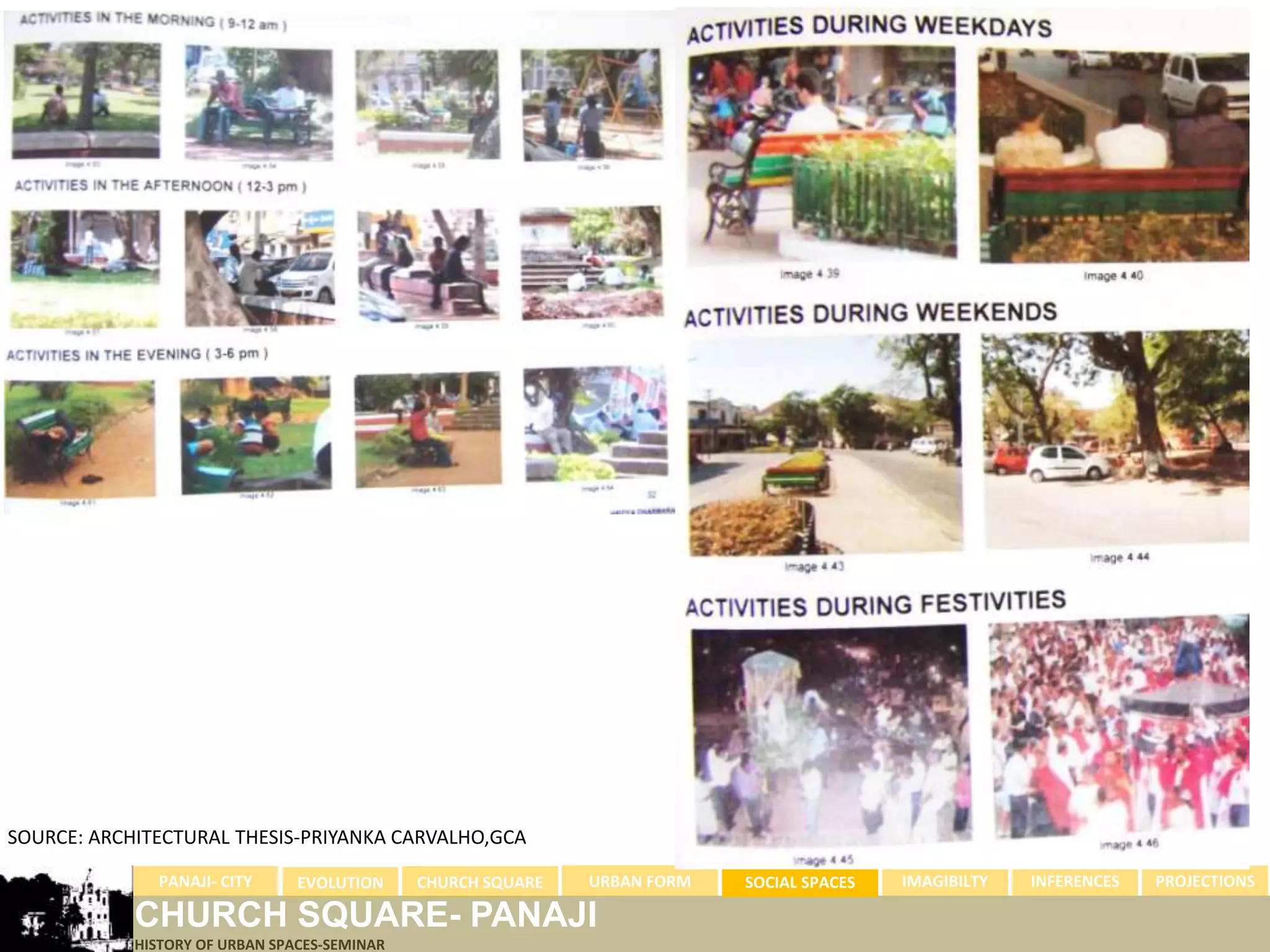 SOURCE: ARCHITECTURAL THESIS-PRIYANKA CARVALHO,GCA

              PANAJI- CITY      EVOLUTION     CHURCH SQUARE   URBAN FORM   SOCIAL SPACES   IMAGIBILTY   INFERENCES   PROJECTIONS

            CHURCH SQUARE- PANAJI
            HISTORY OF URBAN SPACES-SEMINAR
 