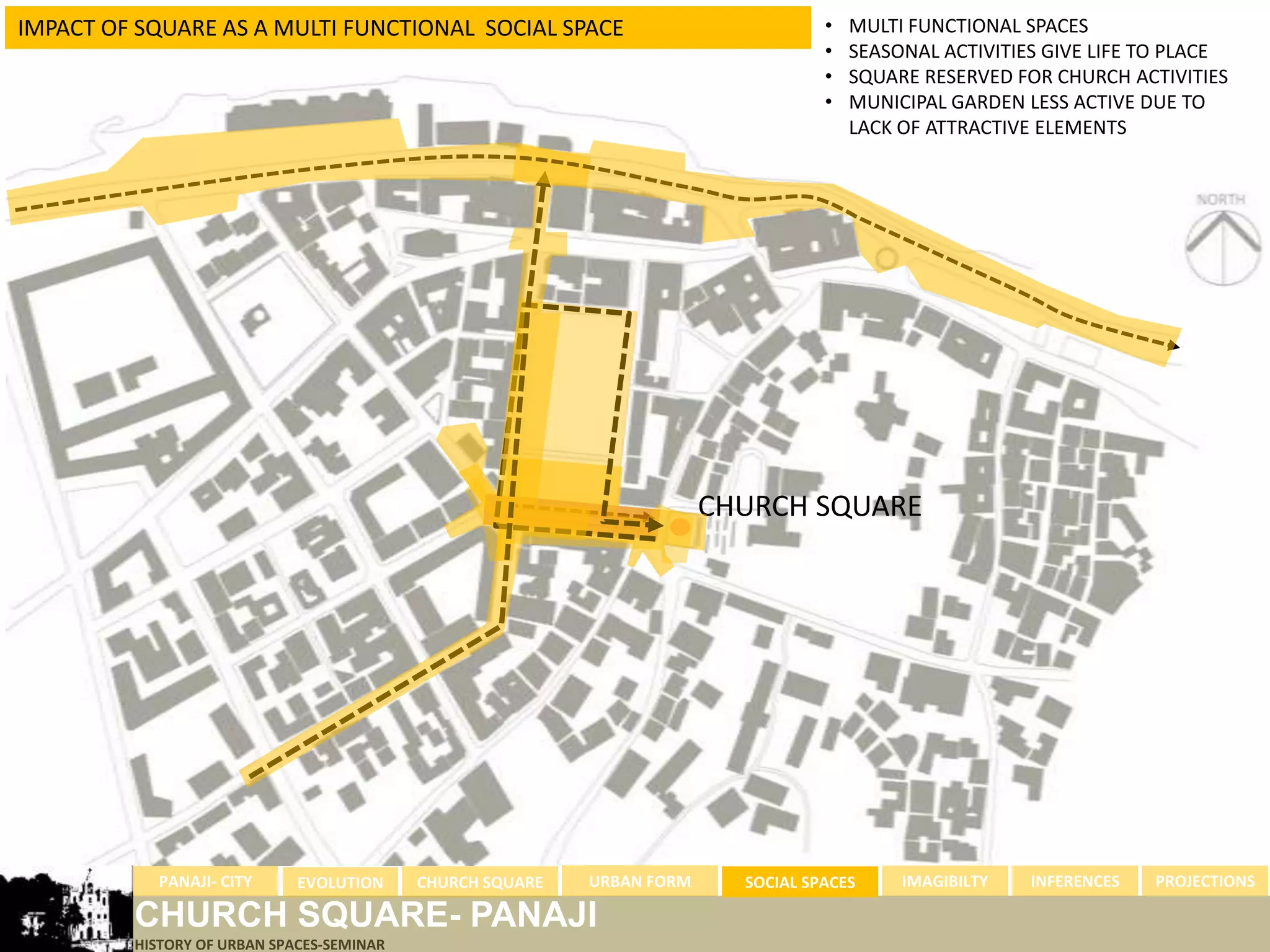 IMPACT OF SQUARE AS A MULTI FUNCTIONAL SOCIAL SPACE                                •   MULTI FUNCTIONAL SPACES
                                                                                   •   SEASONAL ACTIVITIES GIVE LIFE TO PLACE
                                                                                   •   SQUARE RESERVED FOR CHURCH ACTIVITIES
                                                                                   •   MUNICIPAL GARDEN LESS ACTIVE DUE TO
                                                                                       LACK OF ATTRACTIVE ELEMENTS




                                                                        CHURCH SQUARE




           PANAJI- CITY      EVOLUTION     CHURCH SQUARE   URBAN FORM     SOCIAL SPACES     IMAGIBILTY   INFERENCES   PROJECTIONS

         CHURCH SQUARE- PANAJI
         HISTORY OF URBAN SPACES-SEMINAR
 