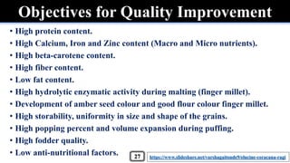• High protein content.
• High Calcium, Iron and Zinc content (Macro and Micro nutrients).
• High beta-carotene content.
• High fiber content.
• Low fat content.
• High hydrolytic enzymatic activity during malting (finger millet).
• Development of amber seed colour and good flour colour finger millet.
• High storability, uniformity in size and shape of the grains.
• High popping percent and volume expansion during puffing.
• High fodder quality.
• Low anti-nutritional factors.
Objectives for Quality Improvement
https://www.slideshare.net/varshagaitonde9/elucine-coracana-ragi27
 