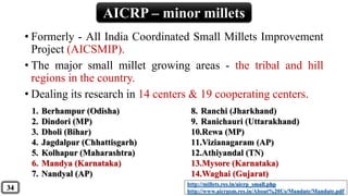 AICRP – minor millets
• Formerly - All India Coordinated Small Millets Improvement
Project (AICSMIP).
• The major small millet growing areas - the tribal and hill
regions in the country.
• Dealing its research in 14 centers & 19 cooperating centers.
1. Berhampur (Odisha)
2. Dindori (MP)
3. Dholi (Bihar)
4. Jagdalpur (Chhattisgarh)
5. Kolhapur (Maharashtra)
6. Mandya (Karnataka)
7. Nandyal (AP)
8. Ranchi (Jharkhand)
9. Ranichauri (Uttarakhand)
10.Rewa (MP)
11.Vizianagaram (AP)
12.Athiyandal (TN)
13.Mysore (Karnataka)
14.Waghai (Gujarat)
http://millets.res.in/aicrp_small.php
http://www.aicrpsm.res.in/About%20Us/Mandate/Mandate.pdf
34
 