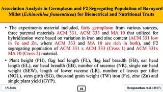 Association Analysis in Germplasm and F2 Segregating Population of Barnyard
Millet (Echinochloa frumentacea) for Biometrical and Nutritional Traits
TN, India Renganathan et al. (2017)46
• The experiments material included, forty germplasm from various sources,
three parental materials ACM 331, ACM 333 and MA 10 that utilized for
hybridization were based on variation in iron and zinc content (ACM 331 low
in Fe and Zn, where ACM 333 and MA 10 are rich in both), and F2
segregating population of ACM 331 x ACM 333 (Cross 1) and ACM 331x
MA 10 (Cross 2) material.
• Plant height (PH), flag leaf length (FL), flag leaf breadth (FB), ear head
length (EL), ear head breadth (EB), number of racemes (NR), single ear head
weight (SEW), length of lower raceme (LR), number of leaves per tiller
(NOL), stem girth (SG), thousand grain weight (TW) iron (Fe), zinc (Zn) and
single plant yield (GYP).
 