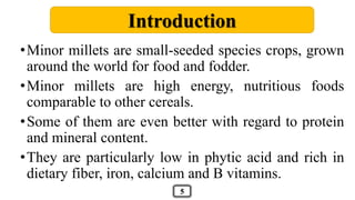 •Minor millets are small-seeded species crops, grown
around the world for food and fodder.
•Minor millets are high energy, nutritious foods
comparable to other cereals.
•Some of them are even better with regard to protein
and mineral content.
•They are particularly low in phytic acid and rich in
dietary fiber, iron, calcium and B vitamins.
Introduction
5
 