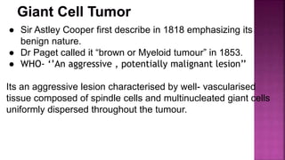 ● Sir Astley Cooper first describe in 1818 emphasizing its
benign nature.
● Dr Paget called it “brown or Myeloid tumour” in 1853.
● WHO- ‘’An aggressive , potentially malignant lesion’’
Its an aggressive lesion characterised by well- vascularised
tissue composed of spindle cells and multinucleated giant cells
uniformly dispersed throughout the tumour.
 