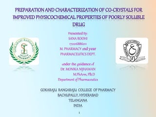 1
Presented By:
SANA ROOHI
170216886011
M. PHARMACY 2nd year
PHARMACEUTICS DEPT.
under the guidance of
Dr. MONIKA NIJHAWAN
M.PhArm, Ph.D
Department of Pharmaceutics
 