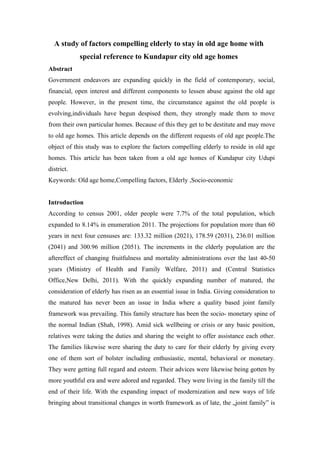 A study of Factors Compelling Elderly to stay in old Age Home with ...