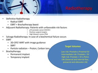 Radiotherapy
• Definitive Radiotherapy
– Radical EBRT
– EBRT + Brachytherapy boost
• Adjuvant Radiotherapy: Patients with unfavorable risk factors
• pT3-prostate cancer-ECE/SV+
• Positive surgical margins
• High Gleason scores /PSA
• Salvage Radiotherapy: In case of a biochemical failure occurs
• EBRT
– 3D-CRT/ IMRT with image guidance
– SBRT
– Particle radiation – Proton, Carbon Ions
• Brachytherapy
– Permanent implant
– Temporary implant
Target Volumes
Low risk: Prostate ± Proximal SV
Intermediate risk: Prostate + SV
High risk: Prostate + SV ± Pelvic
LNs (External and internal iliac,
presacral and obturator LN)
11
 