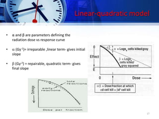 Linear-quadratic model
• α and β are parameters defining the
radiation dose vs response curve
•  (Gy-1)= irreparable ,linear term- gives initial
slope
•  (Gy-2) = repairable, quadratic term- gives
final slope
17
 