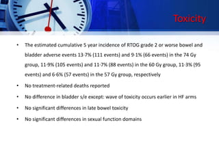 Toxicity
• The estimated cumulative 5 year incidence of RTOG grade 2 or worse bowel and
bladder adverse events 13·7% (111 events) and 9·1% (66 events) in the 74 Gy
group, 11·9% (105 events) and 11·7% (88 events) in the 60 Gy group, 11·3% (95
events) and 6·6% (57 events) in the 57 Gy group, respectively
• No treatment-related deaths reported
• No difference in bladder s/e except: wave of toxicity occurs earlier in HF arms
• No significant differences in late bowel toxicity
• No significant differences in sexual function domains
 