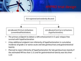 HYPRO trial design
• Aluwani, Incrocci et al Lancet Oncology, Mar-Jun 2016 (Dutch)
• Intermediate-risk to high-risk: T1b–T4NX–N0MX–M0 localised prostate cancer,
PSA < 60 μg/L, PS 0-2
• Hypofractionated radiotherapy: 64.6 Gy/19fr of 3.4 Gy, 3fr/week
• Concomitant ADT for 6 months: 67%
• Median f/u 60 mnths
• 95% :IMRT
• The primary endpoint to detect a 10% enhancement in 5-year relapse-free
survival with hypofractionation
• A key additional endpoint non-inferiority of hypofractionation in cumulative
incidence of grade 2 or worse acute and late genitourinary and gastrointestinal
toxicity
• Planned to reject inferiority of hypofractionation for late genitourinary toxicity if
the estimated HR less than 1.11 and for gastrointestinal toxicity was less than
1.13
35
 
