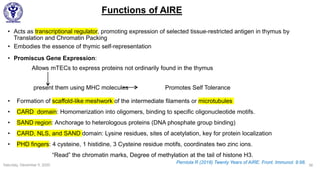 Saturday, December 5, 2020 38
.
Functions of AIRE
• Acts as transcriptional regulator, promoting expression of selected tissue-restricted antigen in thymus by
Translation and Chromatin Packing
• Embodies the essence of thymic self-representation
• Promiscus Gene Expression:
Allows mTECs to express proteins not ordinarily found in the thymus
present them using MHC molecules Promotes Self Tolerance
• Formation of scaffold-like meshwork of the intermediate filaments or microtubules
• CARD domain: Homomerization into oligomers, binding to specific oligonucleotide motifs.
• SAND region: Anchorage to heterologous proteins (DNA phosphate group binding)
• CARD, NLS, and SAND domain: Lysine residues, sites of acetylation, key for protein localization
• PHD fingers: 4 cysteine, 1 histidine, 3 Cysteine residue motifs, coordinates two zinc ions.
“Read” the chromatin marks, Degree of methylation at the tail of histone H3.
Perniola R (2018) Twenty Years of AIRE. Front. Immunol. 9:98.
 