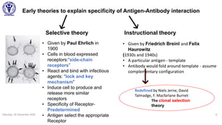 Early theories to explain specificity of Antigen-Antibody interaction
Saturday, 05 December 2020 8
Selective theory Instructional theory
• Given by Paul Ehrlich in
1900
• Cells in blood expressed
receptors:“side-chain
receptors”
• React and bind with infectious
agents: “lock and key
mechanism”
• Induce cell to produce and
release more similar
receptors
• Specificity of Receptor-
Predetermined
• Antigen select the appropriate
Receptor
• Given by Friedrich Breinl and Felix
Haurowitz
(1930s and 1940s)
• A particular antigen - template
• Antibody would fold around template - assume
complementary configuration
Redefined by Niels Jerne, David
Talmadge, F. Macfarlane Burnet:
The clonal selection
theory
 