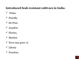 Introduced Scab resistant cultivars in India-
 Prima
 Priscilla
 Sir Prize
 Jonafree
 Florina,
 Macfree
 Nova easy grow 12
 Liberty
 Freedom.
61
 