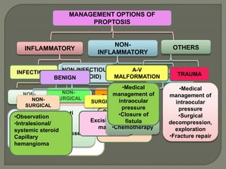 MANAGEMENT OPTIONS OF
PROPTOSIS
INFLAMMATORY
NON-
INFLAMMATORY
OTHERS
INFECTIOUS NON-INFECTIOUS
(TED, IOID)
NON-
SURGICAL SURGICAL
•Surgical
drainage of
abcess
•Enucleation/
Exentration
Systemic
•Antibiotics
•Antifungal
ANALGESIC
NON-
SURGICAL SURGICAL
•Non steroid anti
inflammatory
•Steroid
•Immunosuppressent
•Radiotherapy
•Surgical
decompression
•EOM surgery
•Lid surgery
BENIGN MALIGNANT
•Exentration
•Excision
NON-
SURGICAL
SURGICAL
•Observation
•Intralesional/
systemic steroid
Capillary
hemangioma
Excision of
mass
NON-
SURGICAL
SURGICAL
•Radiotherapy
•Chemotherapy
TRAUMA
A-V
MALFORMATION
•Medical
management of
intraocular
pressure
•Closure of
fistula
•Medical
management of
intraocular
pressure
•Surgical
decompression,
exploration
•Fracture repair
 