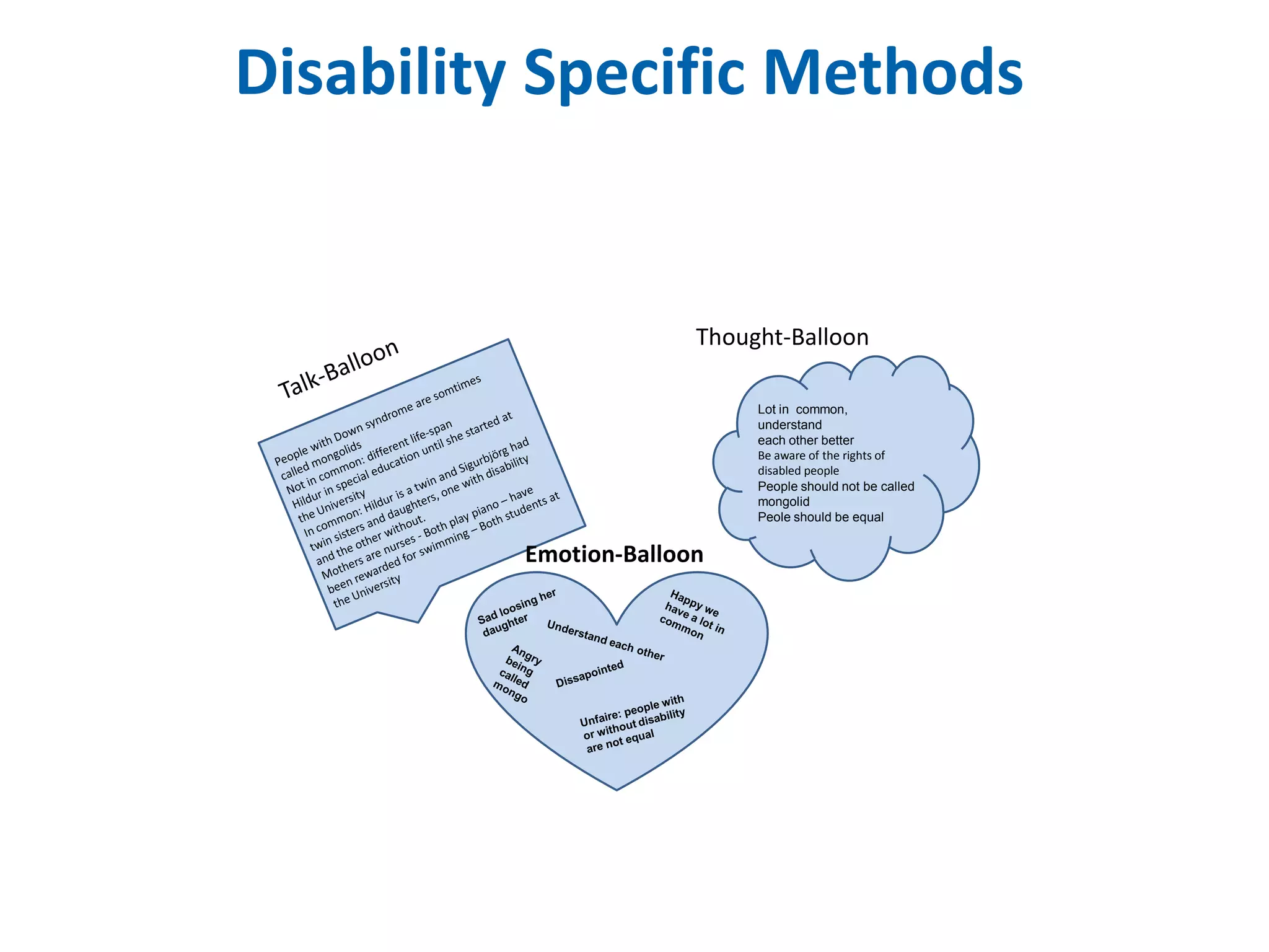 Disability Specific Methods 
Thought-Balloon 
Lot in common, 
understand 
each other better 
Be aware of the rights of 
disabled people 
People should not be called 
mongolid 
Peole should be equal 
Emotion-Balloon 
 