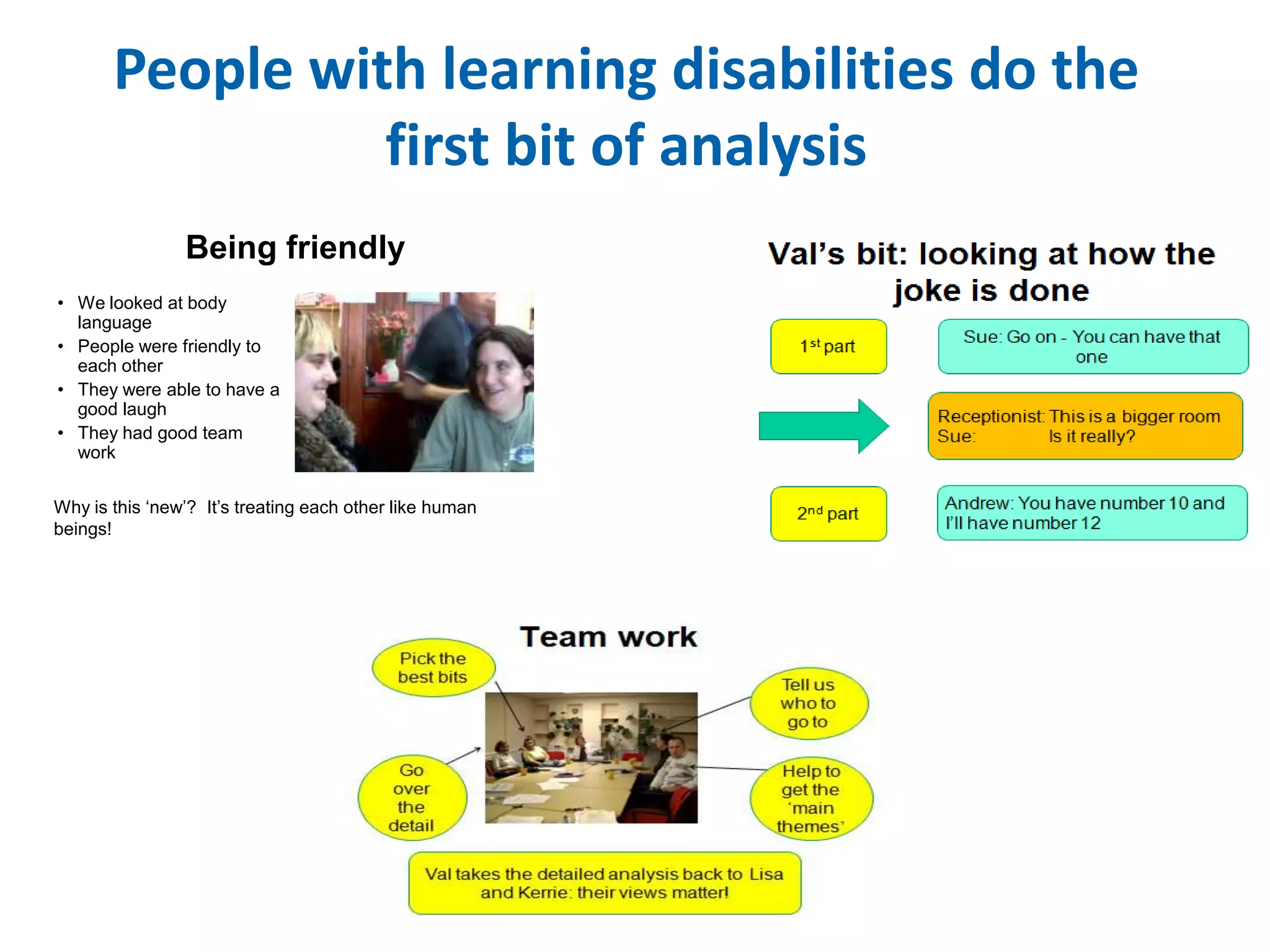 People with learning disabilities do the 
first bit of analysis 
Being friendly 
• We looked at body 
language 
• People were friendly to 
each other 
• They were able to have a 
good laugh 
• They had good team 
work 
Why is this ‘new’? It’s treating each other like human 
beings! 
 