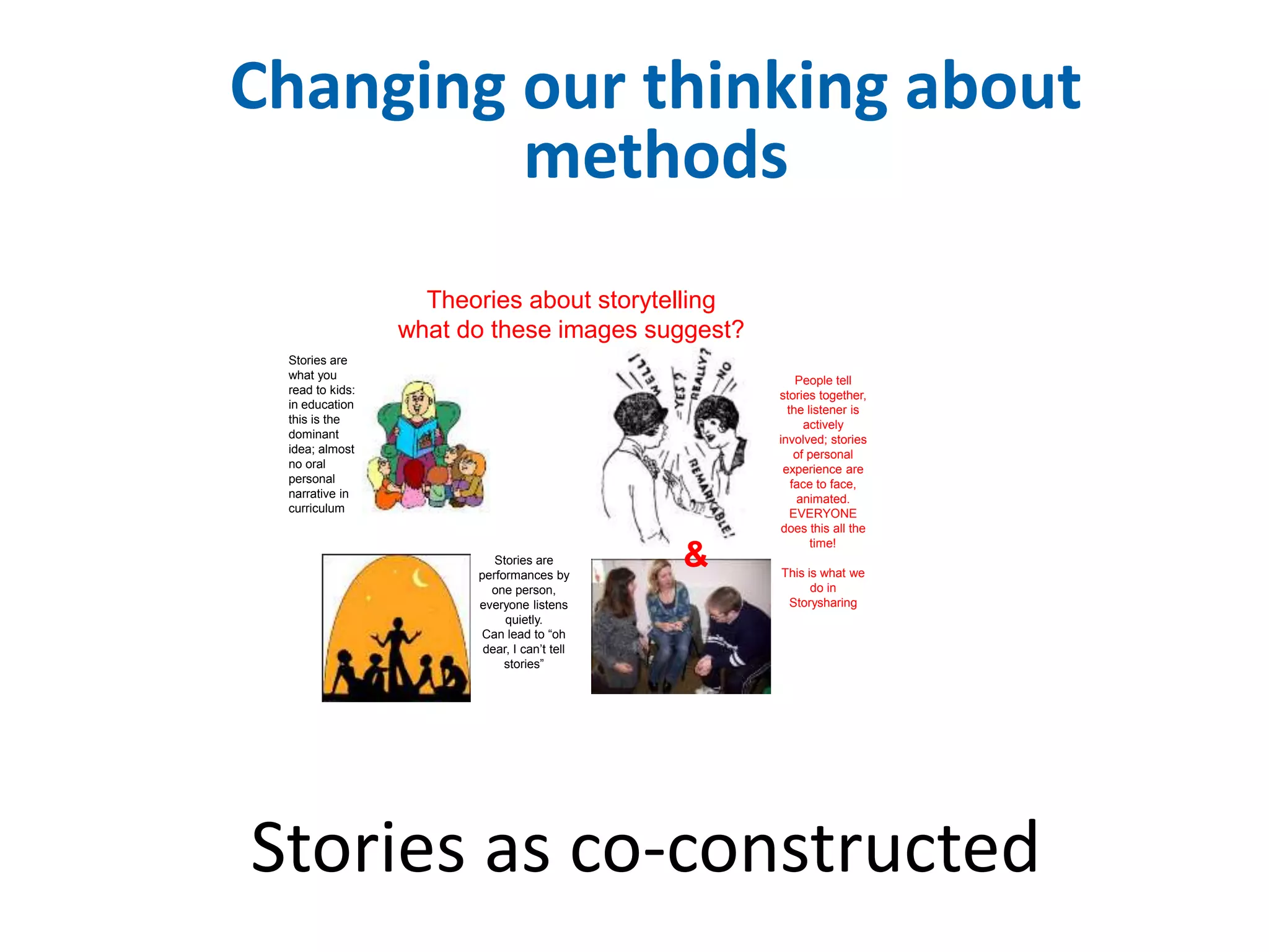 Changing our thinking about 
methods 
Theories about storytelling 
what do these images suggest? 
Stories are 
what you 
read to kids: 
in education 
this is the 
dominant 
idea; almost 
no oral 
personal 
narrative in 
curriculum 
Stories are 
performances by 
one person, 
everyone listens 
quietly. 
Can lead to “oh 
dear, I can’t tell 
stories” 
People tell 
stories together, 
the listener is 
actively 
involved; stories 
of personal 
experience are 
face to face, 
animated. 
EVERYONE 
does this all the 
time! 
This is what we 
do in 
Storysharing 
& 
Stories as co-constructed 
 
