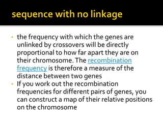 • the frequency with which the genes are
unlinked by crossovers will be directly
proportional to how far apart they are on
their chromosome.The recombination
frequency is therefore a measure of the
distance between two genes
• If you work out the recombination
frequencies for different pairs of genes, you
can construct a map of their relative positions
on the chromosome
 