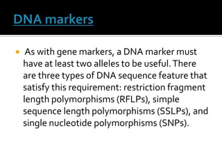 As with gene markers, a DNA marker must
have at least two alleles to be useful.There
are three types of DNA sequence feature that
satisfy this requirement: restriction fragment
length polymorphisms (RFLPs), simple
sequence length polymorphisms (SSLPs), and
single nucleotide polymorphisms (SNPs).
 