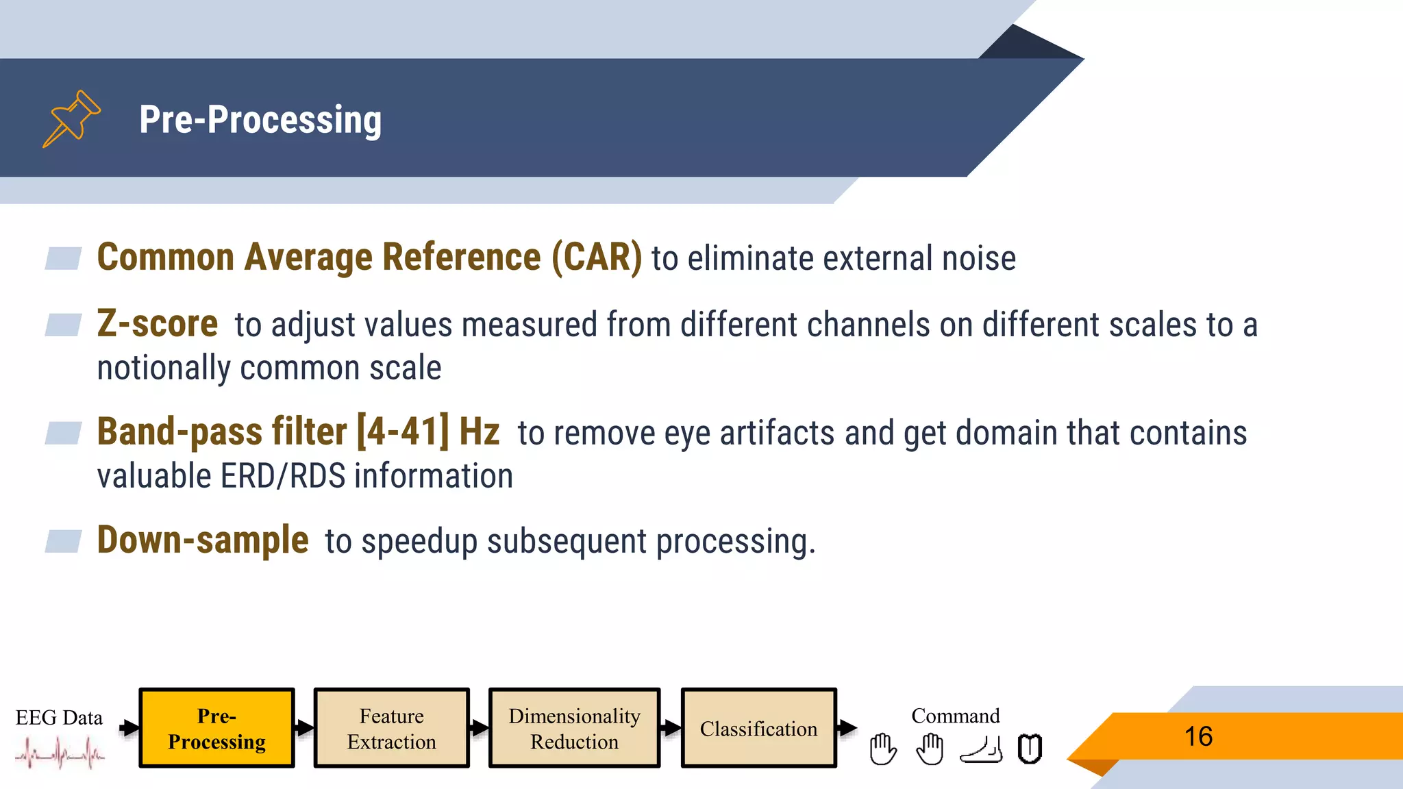 Pre-Processing
▰ Common Average Reference (CAR) to eliminate external noise
▰ Z-score to adjust values measured from different channels on different scales to a
notionally common scale
▰ Band-pass filter [4-41] Hz to remove eye artifacts and get domain that contains
valuable ERD/RDS information
▰ Down-sample to speedup subsequent processing.
16
Pre-
Processing
Feature
Extraction
Dimensionality
Reduction
Classification
EEG Data Command
 