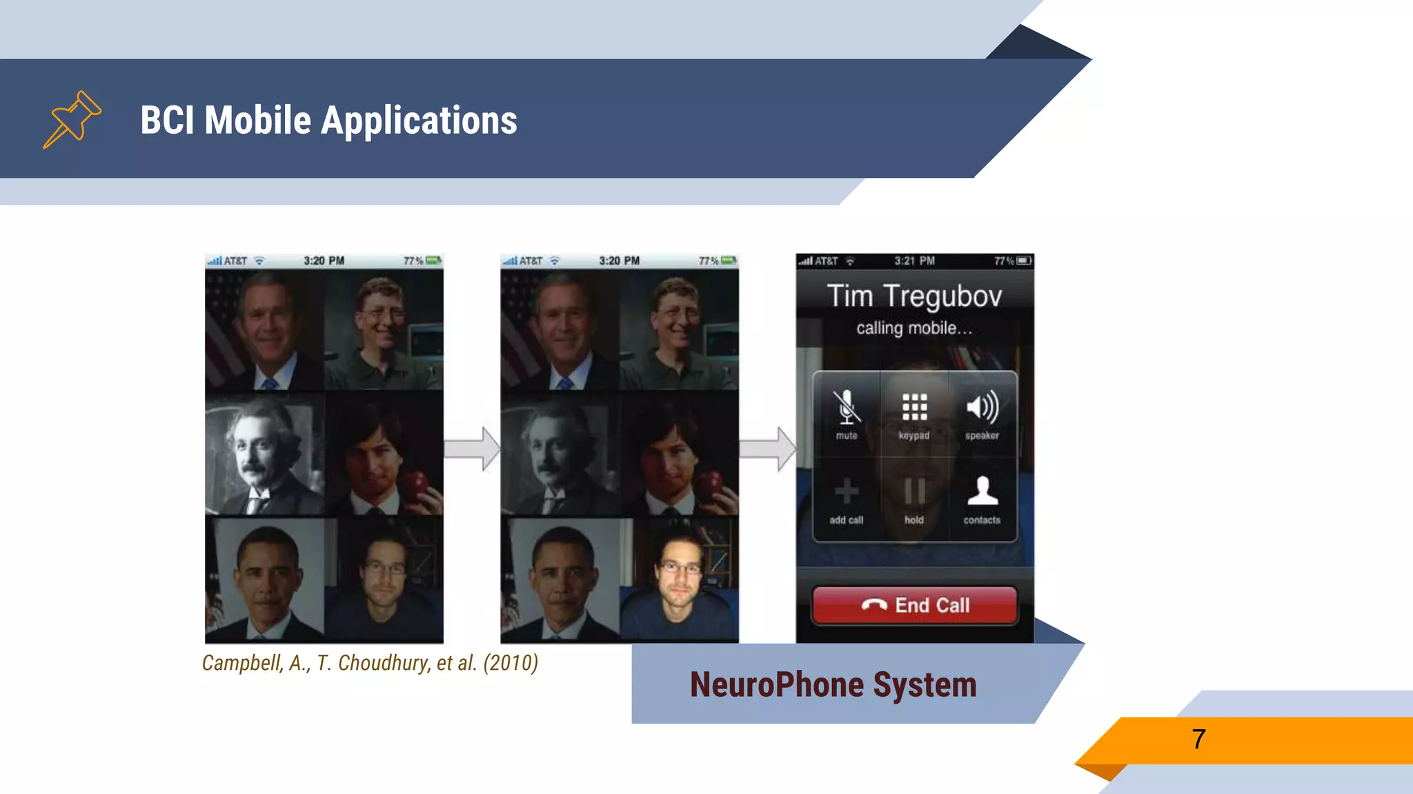 BCI Mobile Applications
7
NeuroPhone System
Campbell, A., T. Choudhury, et al. (2010)
 