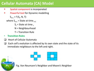 Cellular Automata (CA) Model
     Spatial component is incorporated
     Powerful tool for Dynamic modelling
      St+1 = f (St, N, T)
   where St+1 = State at time t+1
           St = State at time t
           N = Neighbourhood
           T = Transition Rule
 • Transition Rules
  Heart of Cellular Automata
  Each cell’s evolution is affected by its own state and the state of its
    immediate neighbours to the left and right.




            Fig. Von Neumann’s Neighbor and Moore’s Neighbor
 