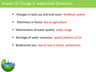 Impact of change in watershed Dynamics

      Changes in land use and land cover- feedback system

        Patchiness in forest- due to agriculture

      Deterioration of water quality- water usage

      Shortage of water resources- spatial patterns of LU

      Biodiversity loss- due to loss in forest, wetland etc.
 