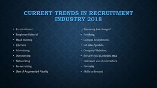 CURRENT TRENDS IN RECRUITMENT
INDUSTRY 2018
• E-recruitment
• Employee Referral
• Head Hunting
• Job Fairs
• Advertising
• Outsourcing
• Networking
• Re-recruiting
• Use of Augmented Reality
• Screening has changed
• Poaching
• Campus Recruitment,
• Job sites/portals,
• Company Websites,
• Social Media (LinkedIn, etc.)
• Increased use of contractors
• Diversity
• Skills in demand
 