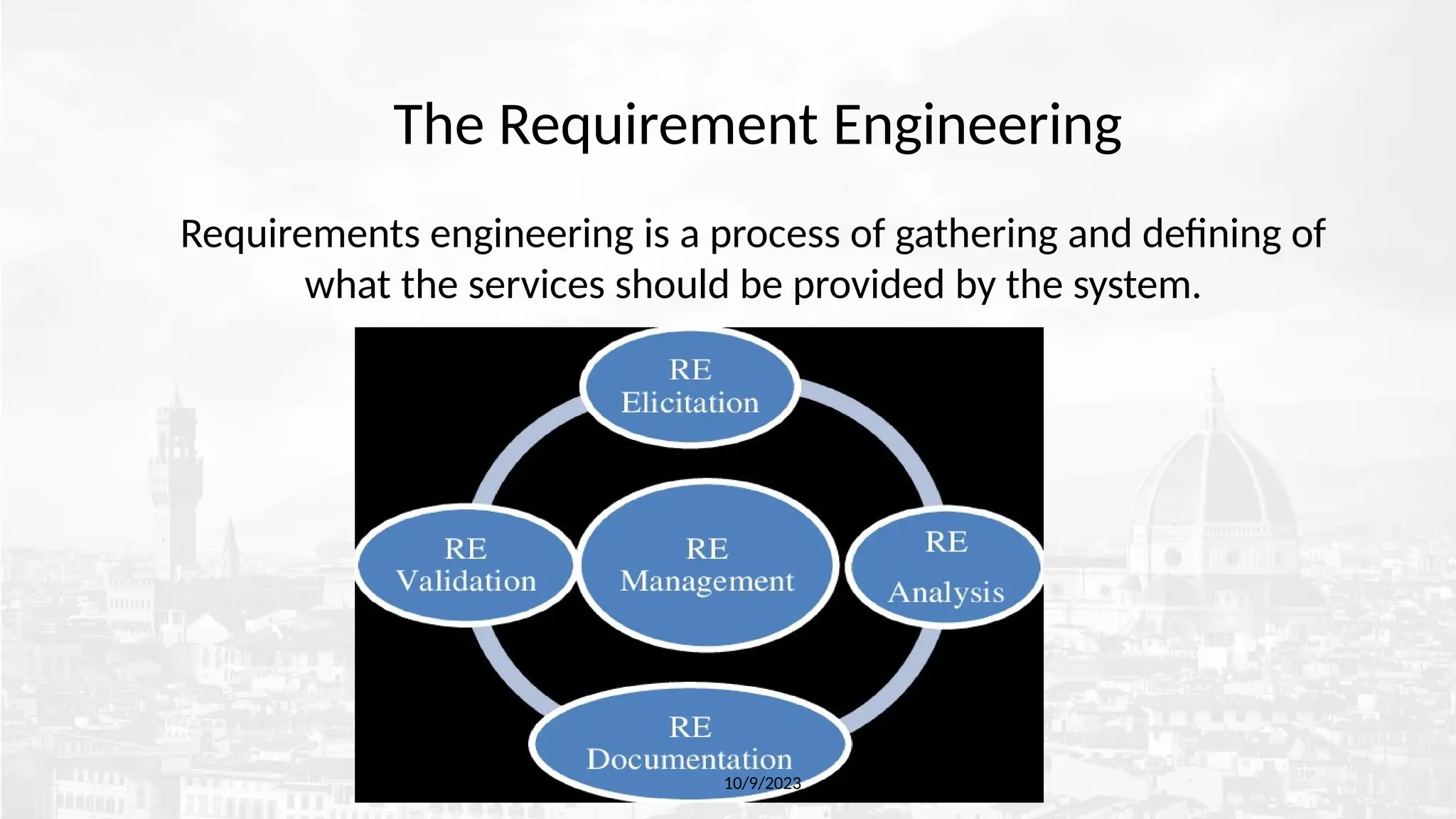 The Requirement Engineering
Requirements engineering is a process of gathering and defining of
what the services should be provided by the system.
10/9/2023
 