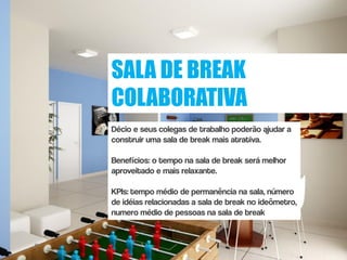 SALA DE BREAK
COLABORATIVA
Décio e seus colegas de trabalho poderão ajudar a
construir uma sala de break mais atrativa.

Benefícios: o tempo na sala de break será melhor
aproveitado e mais relaxante.

KPIs: tempo médio de permanência na sala, número
de idéias relacionadas a sala de break no ideômetro,
numero médio de pessoas na sala de break
 