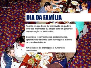 DIA DA FAMÍLIA
No mês em que Decio for promovido, ele poderá
levar até 4 familiares ou amigos para um jantar de
comemoração no McDonald’s.

Benefícios: reconhecimento, pertencimento,
aproximação da família com os colegas e a rotina
de trabalho do Decio

KPI’s: número de promoções x número de
convidados
 