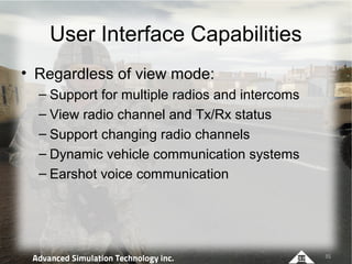 User Interface Capabilities
• Regardless of view mode:
  – Support for multiple radios and intercoms
  – View radio channe...