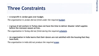 Three Constraints
• A nonprofit in Jordan goes over budget.
The organization in Jordan did not finish under the required budget.
• A group of aid workers in Turkey does not have the time to deliver disaster relief supplies
before the monsoon season arrives.
The organization in Turkey did not finish during the required schedule.
• An organization in India learns that their donors are not satisfied with the housing that they
have built.
The organization in India did not produce the required scope.
ProjectSetUp
 